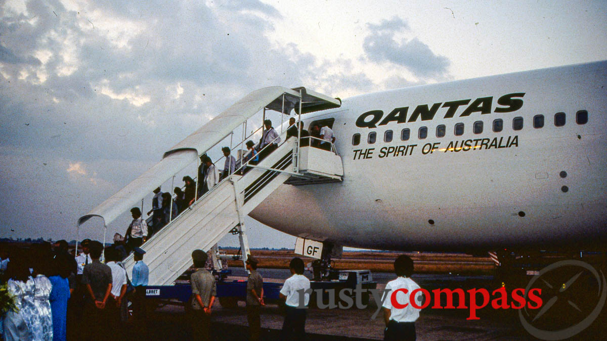 The Lismore on the tarmac in Saigon - the first post-war Qantas flight between Australia and Vietnam - December 1990