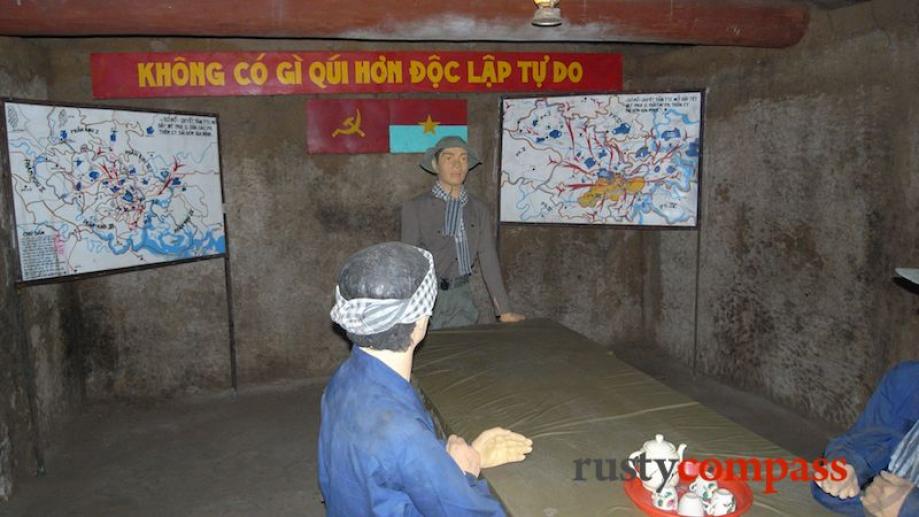 Viet Cong underground meeting room.The banner in the background carries...