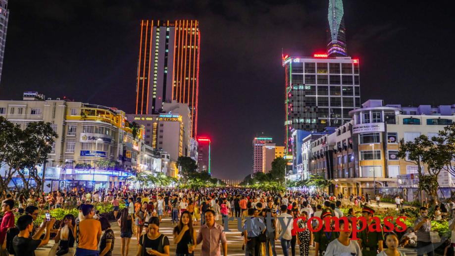 Crowds descend on a new walking space in downtown Saigon...