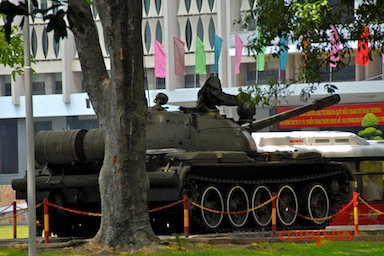 A replica of tank 843, the first through the gates on 30 April 1975