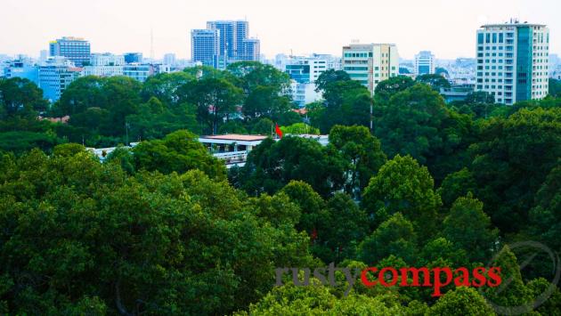 Across the trees to the historic former Presidential Palace, Glow Saigon