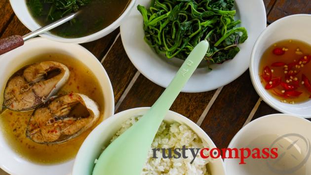 Delicious local food at a Phong Nha guesthouse.