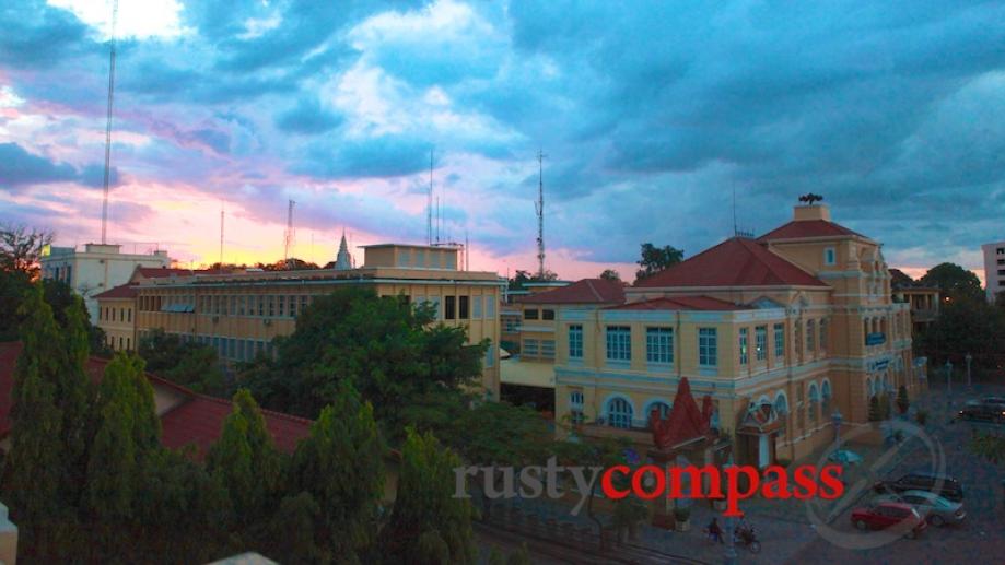 Sunset from Van's rooftop has views across the post office...