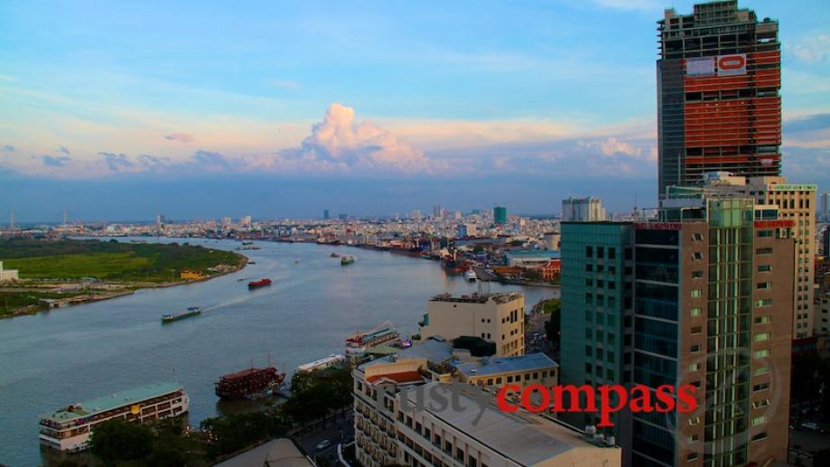 The Saigon River from the Grand Hotel rooftop.
