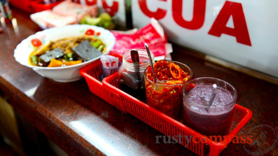 The necessary condiments. Note the purple sauce on the right...