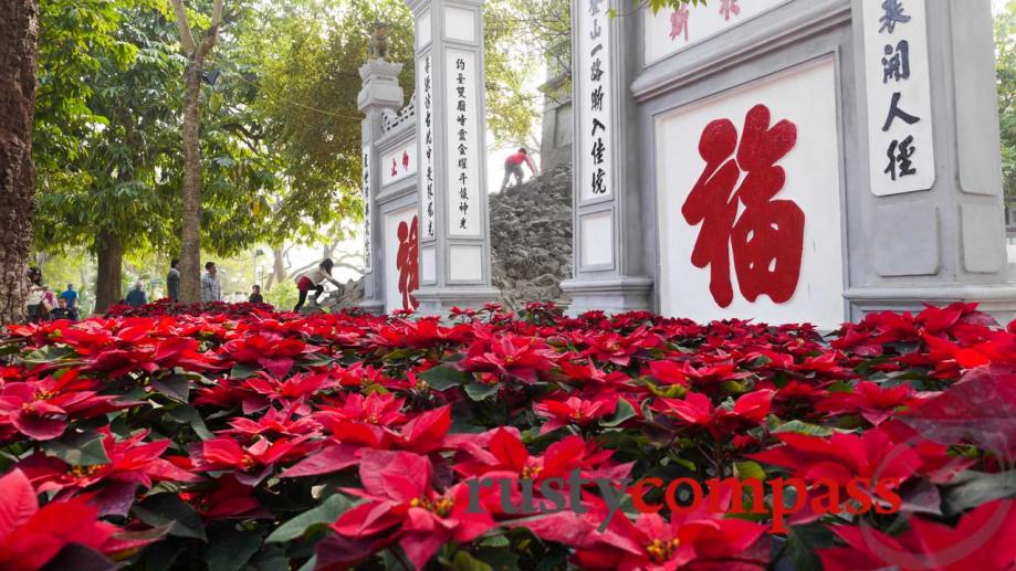 Tet flowers at Ngoc Son Temple on Hoan Kiem Lake.