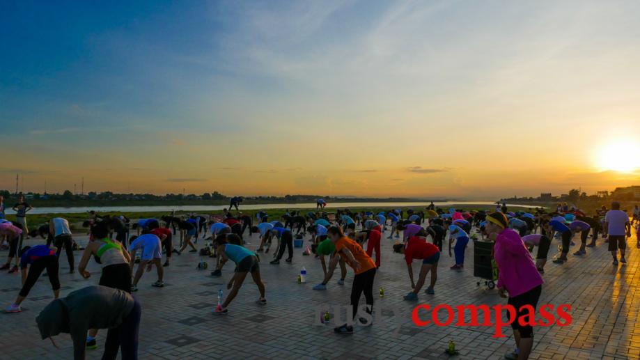 Mekong waterfront exercises, Vientiane, Laos